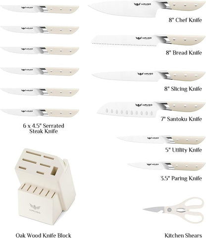 Kitchen Knife Set with Block: 14-Piece German Stainless Steel Full Tang Professional Knife - Comfortable Grip Reduces Hand Fatigue 30% - Dishwasher Safe & Sharpener - White Knife Set for Cooking