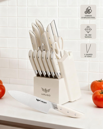 Kitchen Knife Set with Block: 14-Piece German Stainless Steel Full Tang Professional Knife - Comfortable Grip Reduces Hand Fatigue 30% - Dishwasher Safe & Sharpener - White Knife Set for Cooking