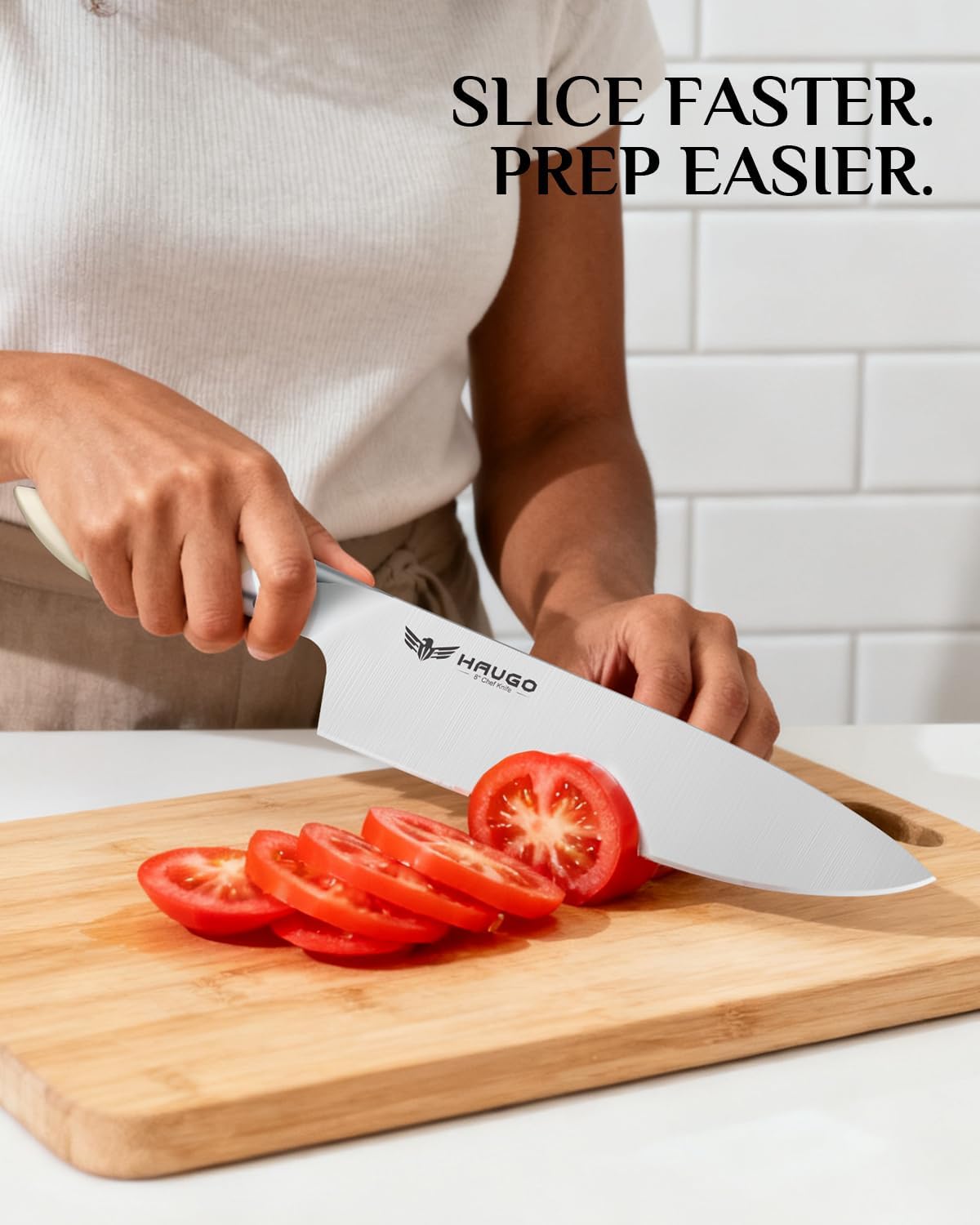 Kitchen Knife Set with Block: 14-Piece German Stainless Steel Full Tang Professional Knife - Comfortable Grip Reduces Hand Fatigue 30% - Dishwasher Safe & Sharpener - White Knife Set for Cooking