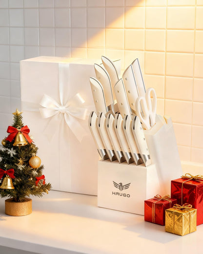 Kitchen Knife Set with Block: 14-Piece German Stainless Steel Full Tang Professional Knife - Comfortable Grip Reduces Hand Fatigue 30% - Dishwasher Safe & Sharpener - White Knife Set for Cooking