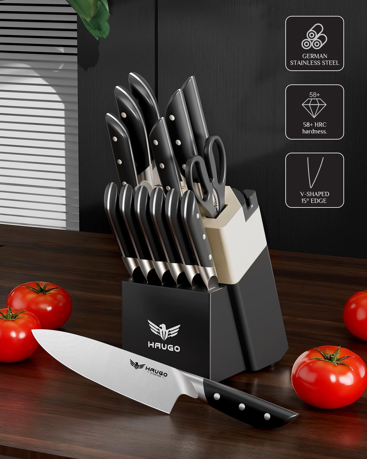 Kitchen Knife Set with Block: 14-Piece German Stainless Steel Full Tang Professional Knife - Comfortable Grip Reduces Hand Fatigue 30% - Dishwasher Safe & Sharpener - White Knife Set for Cooking
