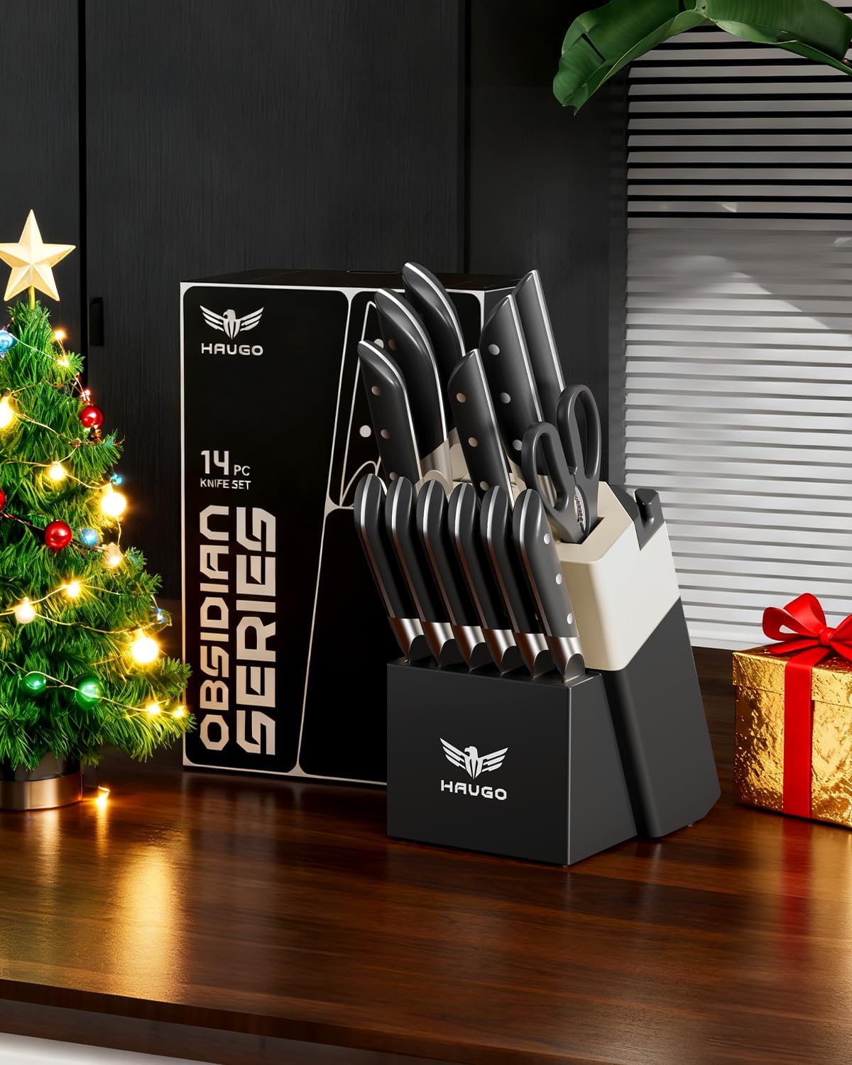 Kitchen Knife Set with Block: 14-Piece German Stainless Steel Full Tang Professional Knife - Comfortable Grip Reduces Hand Fatigue 30% - Dishwasher Safe & Sharpener - White Knife Set for Cooking