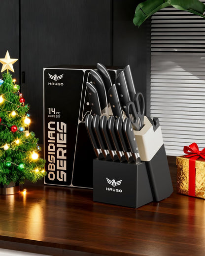 Kitchen Knife Set with Block: 14-Piece German Stainless Steel Full Tang Professional Knife - Comfortable Grip Reduces Hand Fatigue 30% - Dishwasher Safe & Sharpener - White Knife Set for Cooking