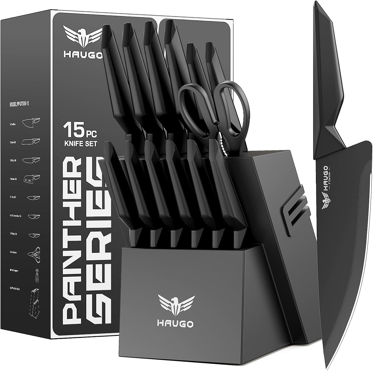 Kitchen Knife Set with Block: 14-Piece German Stainless Steel Full Tang Professional Knife - Comfortable Grip Reduces Hand Fatigue 30% - Dishwasher Safe & Sharpener - White Knife Set for Cooking
