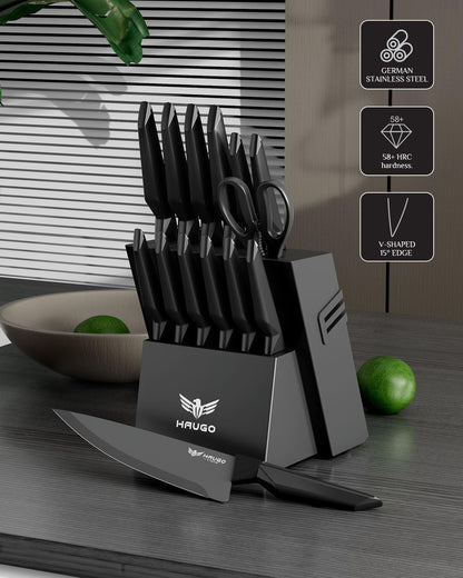 Kitchen Knife Set with Block: 14-Piece German Stainless Steel Full Tang Professional Knife - Comfortable Grip Reduces Hand Fatigue 30% - Dishwasher Safe & Sharpener - White Knife Set for Cooking