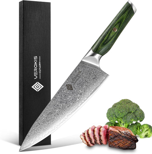 Damascus Chef Knife 8 Inch, Professional Japanese Kitchen Knives Sharp High Carbon Super Steel with Ergonomic Pakkawood Handles, Elegant Gift Box Packaging