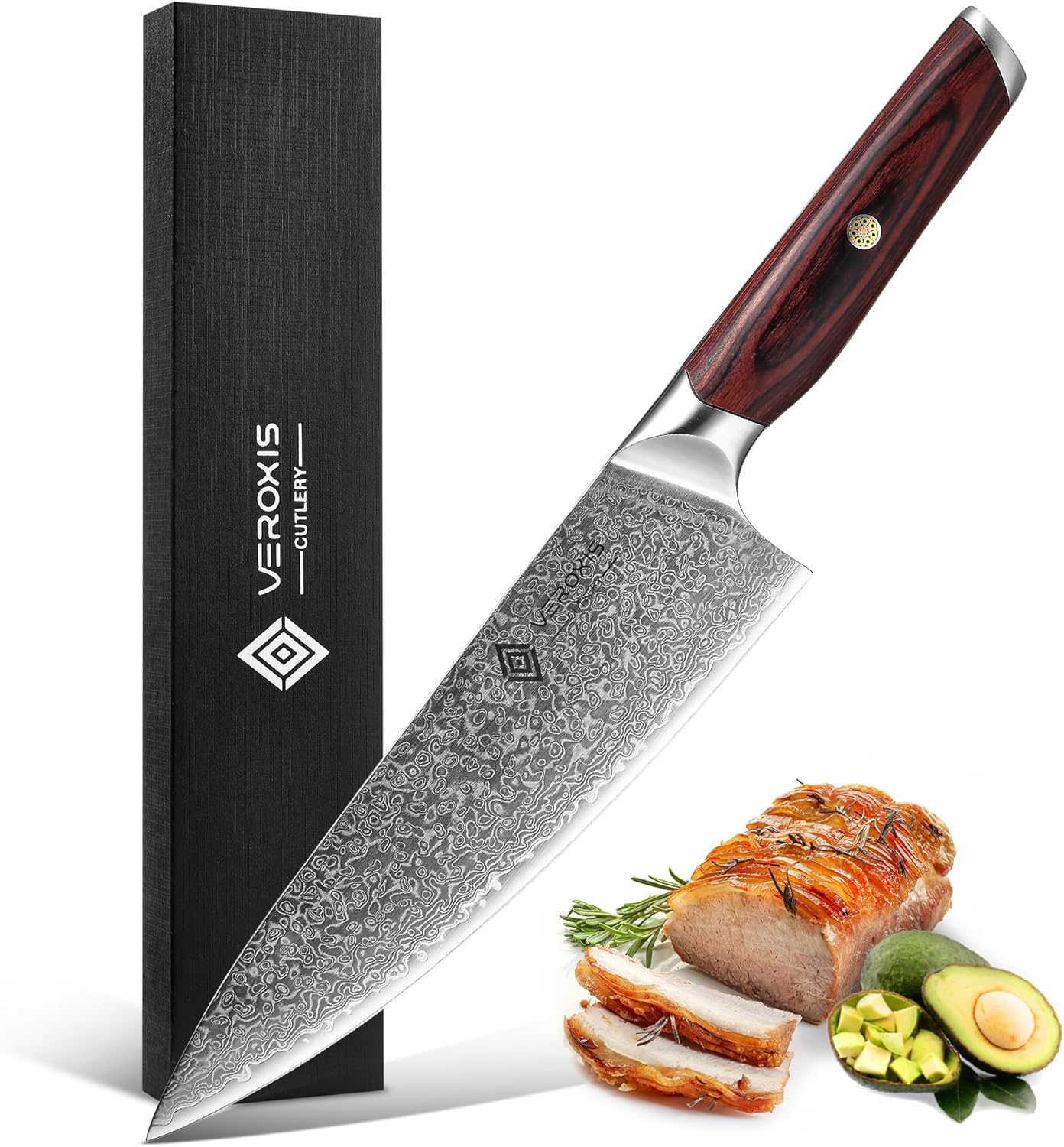 Damascus Chef Knife 8 Inch, Professional Japanese Kitchen Knives Sharp High Carbon Super Steel with Ergonomic Pakkawood Handles, Elegant Gift Box Packaging