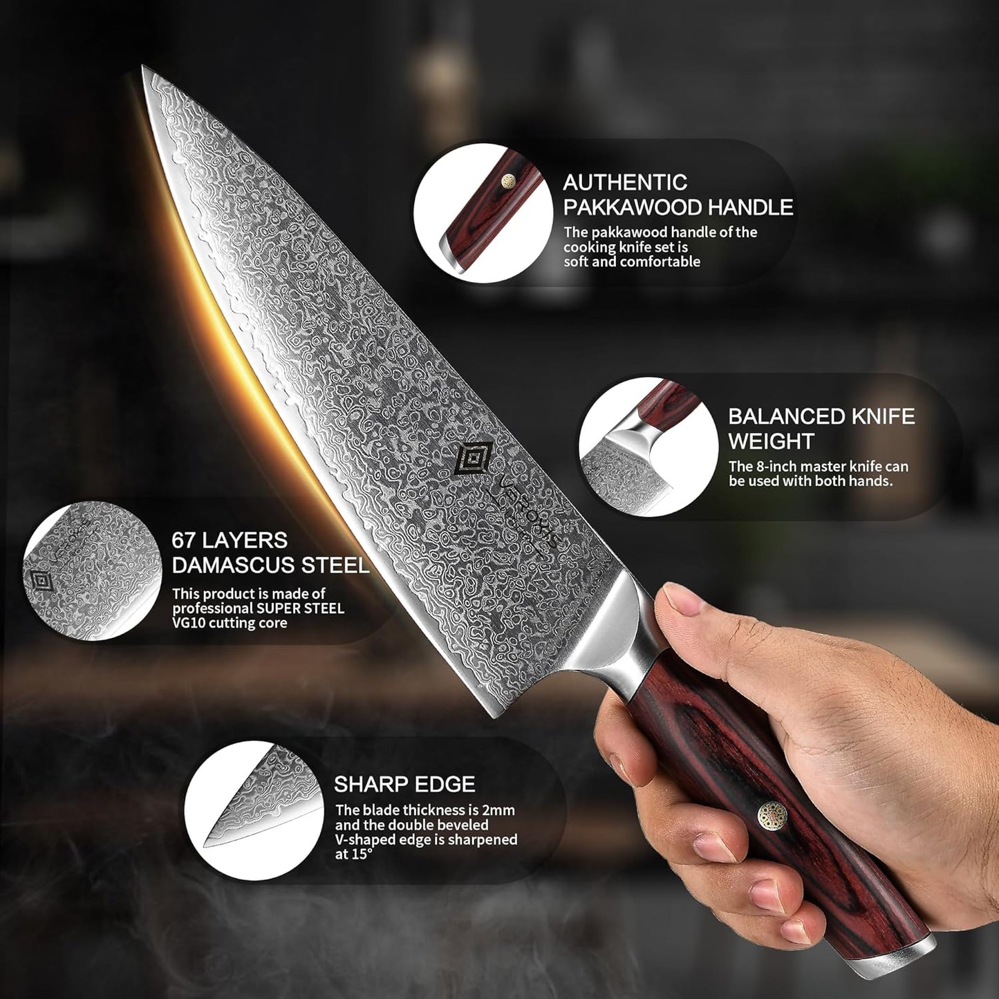 Damascus Chef Knife 8 Inch, Professional Japanese Kitchen Knives Sharp High Carbon Super Steel with Ergonomic Pakkawood Handles, Elegant Gift Box Packaging