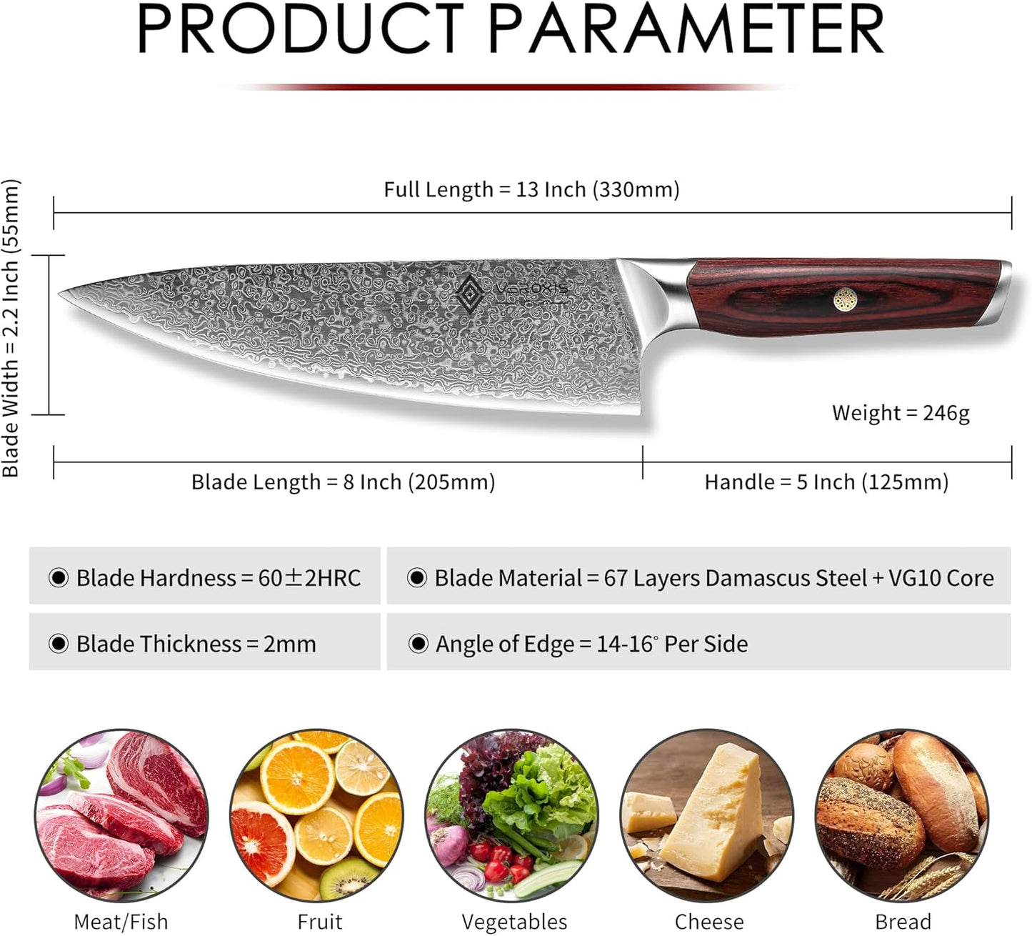 Damascus Chef Knife 8 Inch, Professional Japanese Kitchen Knives Sharp High Carbon Super Steel with Ergonomic Pakkawood Handles, Elegant Gift Box Packaging