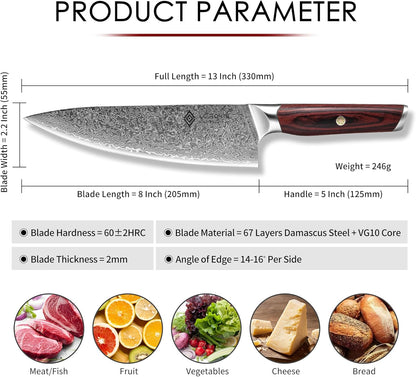 Damascus Chef Knife 8 Inch, Professional Japanese Kitchen Knives Sharp High Carbon Super Steel with Ergonomic Pakkawood Handles, Elegant Gift Box Packaging