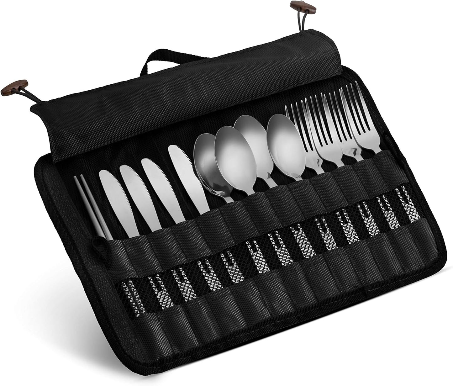 13 Piece Stainless Steel Family Cutlery Picnic Utensil Set with Travel Case for Camping | Hiking | BBQs - Includes Forks | Spoons | Knifes | Chopstick, Plus Nylon Commuter Case (Dark Blue)