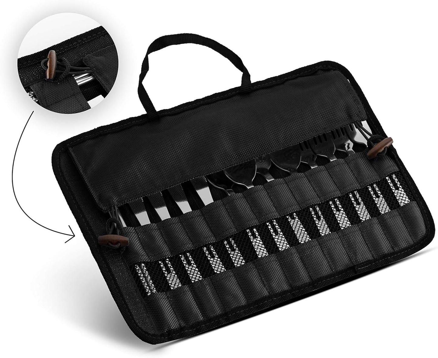 13 Piece Stainless Steel Family Cutlery Picnic Utensil Set with Travel Case for Camping | Hiking | BBQs - Includes Forks | Spoons | Knifes | Chopstick, Plus Nylon Commuter Case (Dark Blue)