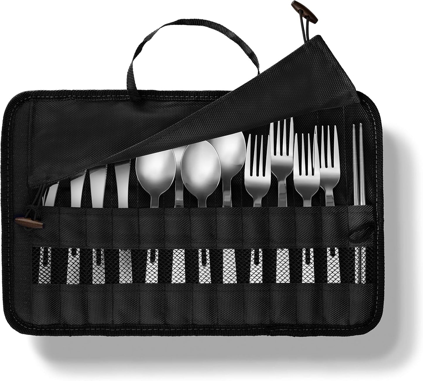 13 Piece Stainless Steel Family Cutlery Picnic Utensil Set with Travel Case for Camping | Hiking | BBQs - Includes Forks | Spoons | Knifes | Chopstick, Plus Nylon Commuter Case (Dark Blue)