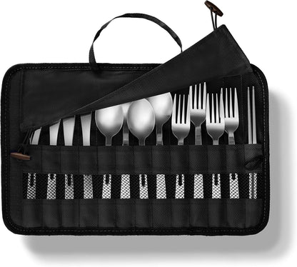 13 Piece Stainless Steel Family Cutlery Picnic Utensil Set with Travel Case for Camping | Hiking | BBQs - Includes Forks | Spoons | Knifes | Chopstick, Plus Nylon Commuter Case (Dark Blue)