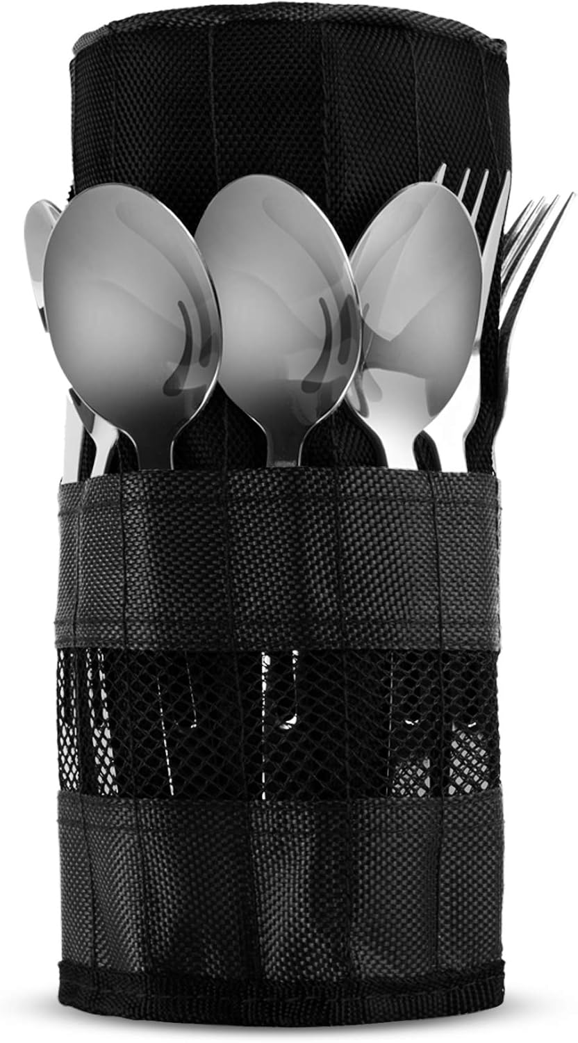 13 Piece Stainless Steel Family Cutlery Picnic Utensil Set with Travel Case for Camping | Hiking | BBQs - Includes Forks | Spoons | Knifes | Chopstick, Plus Nylon Commuter Case (Dark Blue)