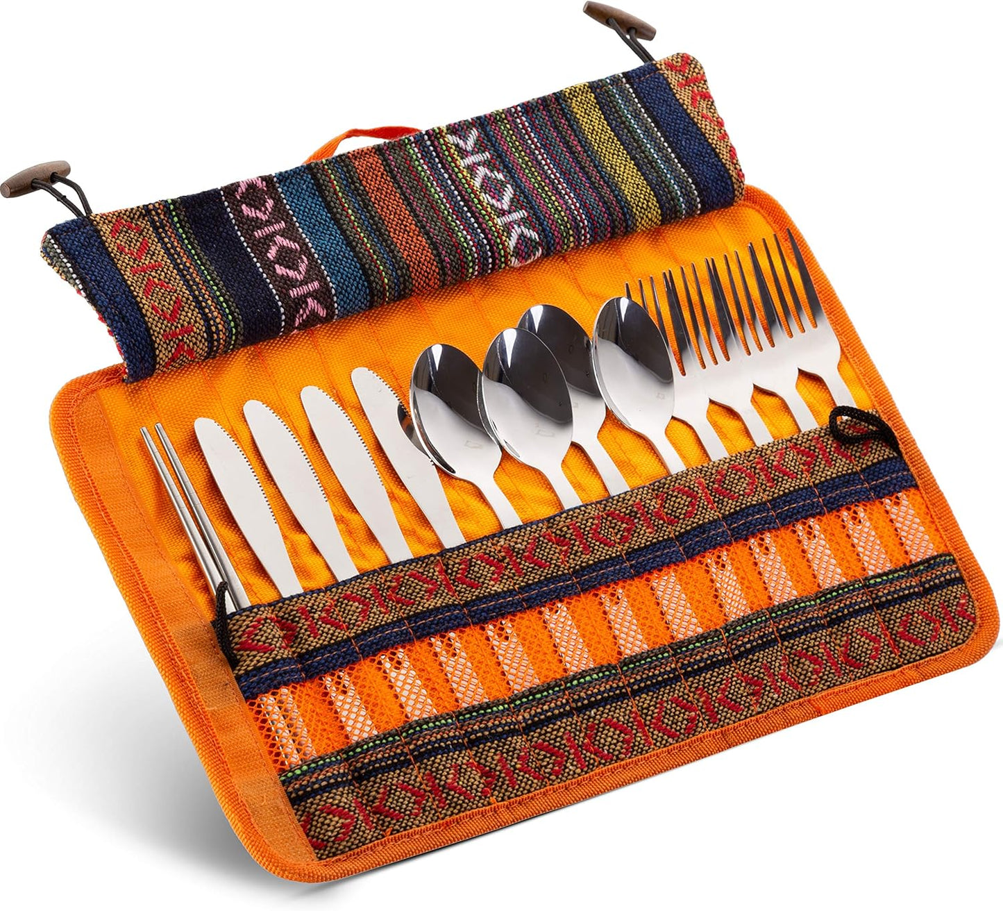 13 Piece Stainless Steel Family Cutlery Picnic Utensil Set with Travel Case for Camping | Hiking | BBQs - Includes Forks | Spoons | Knifes | Chopstick, Plus Nylon Commuter Case (Dark Blue)