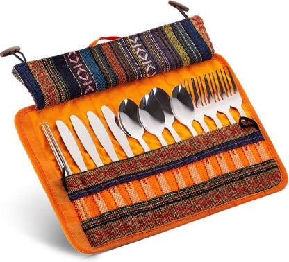13 Piece Stainless Steel Family Cutlery Picnic Utensil Set with Travel Case for Camping | Hiking | BBQs - Includes Forks | Spoons | Knifes | Chopstick, Plus Nylon Commuter Case (Dark Blue)