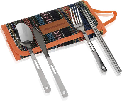 13 Piece Stainless Steel Family Cutlery Picnic Utensil Set with Travel Case for Camping | Hiking | BBQs - Includes Forks | Spoons | Knifes | Chopstick, Plus Nylon Commuter Case (Dark Blue)