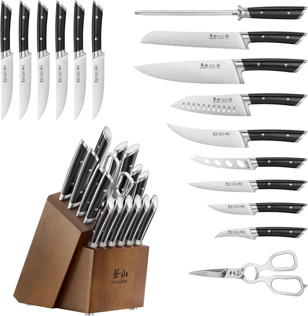 Cangshan OLYMPUS Series 17-Piece Knife Block Set, German Steel, Acacia Wood Block (Black)