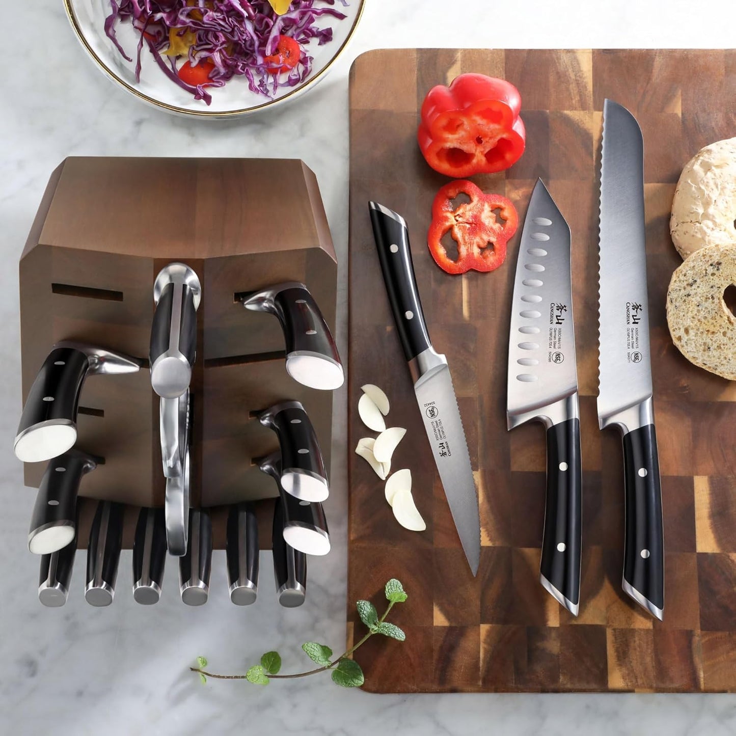 Cangshan OLYMPUS Series 17-Piece Knife Block Set, German Steel, Acacia Wood Block (Black)