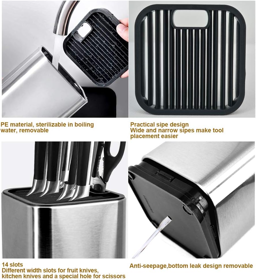 Stainless Steel Universal Knife Block Holder with Slots for Scissors or Sharpening Rod, Space Saver Knife Storage, Detachable for Easy Cleaning, Square Knife Holder For Safe