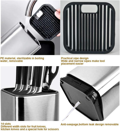 Stainless Steel Universal Knife Block Holder with Slots for Scissors or Sharpening Rod, Space Saver Knife Storage, Detachable for Easy Cleaning, Square Knife Holder For Safe