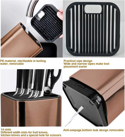 Stainless Steel Universal Knife Block Holder with Slots for Scissors or Sharpening Rod, Space Saver Knife Storage, Detachable for Easy Cleaning, Square Knife Holder For Safe