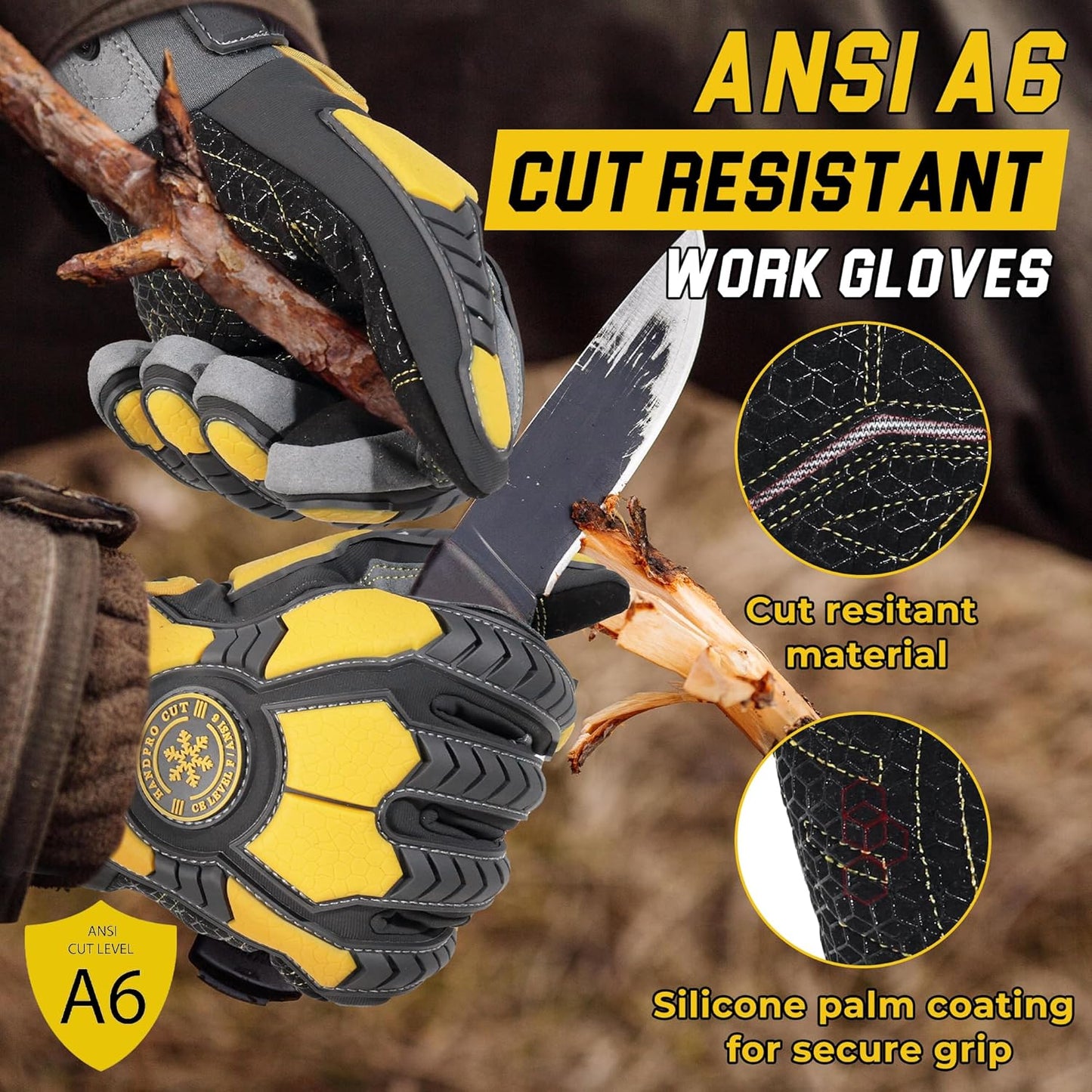 Winter Cut Resistant Impact Resistant Work Gloves for Men, Padded Palm Grip Heavy Duty Working Glove (Medium, Yellow)