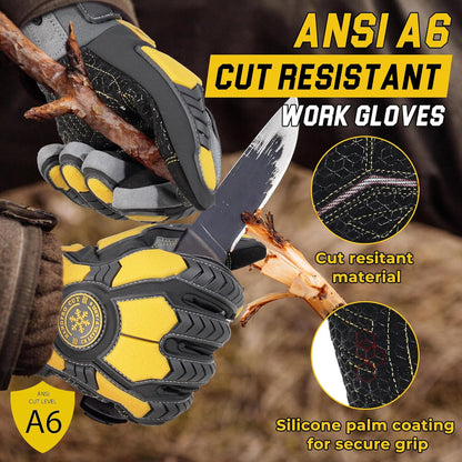 Winter Cut Resistant Impact Resistant Work Gloves for Men, Padded Palm Grip Heavy Duty Working Glove (Medium, Yellow)