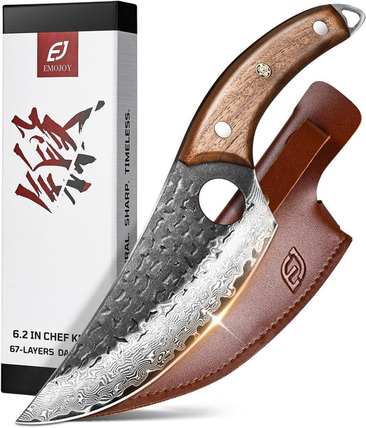 Damascus Chef Knife, 67-Layer Damascus Steel Kitchen Knife with Black Hammered Finish, Japanese Knives for Home, Outdoor Cooking, BBQ, Include Gift Box, 6.3 Inch