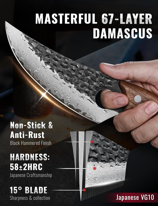 Damascus Chef Knife, 67-Layer Damascus Steel Kitchen Knife with Black Hammered Finish, Japanese Knives for Home, Outdoor Cooking, BBQ, Include Gift Box, 6.3 Inch