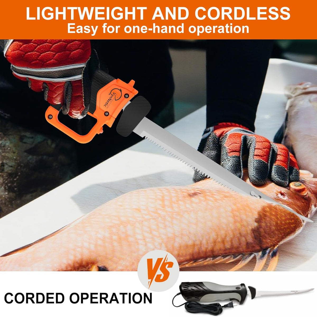 Electric Fillet Knife for Fish - Rechargeable Cordless Electric Knife With Non-Slip Grip Handle & 4 Ti-Nitride S.S. Coated Non-Stick Blades, 2 Batteriess Charger and Case For Fishing