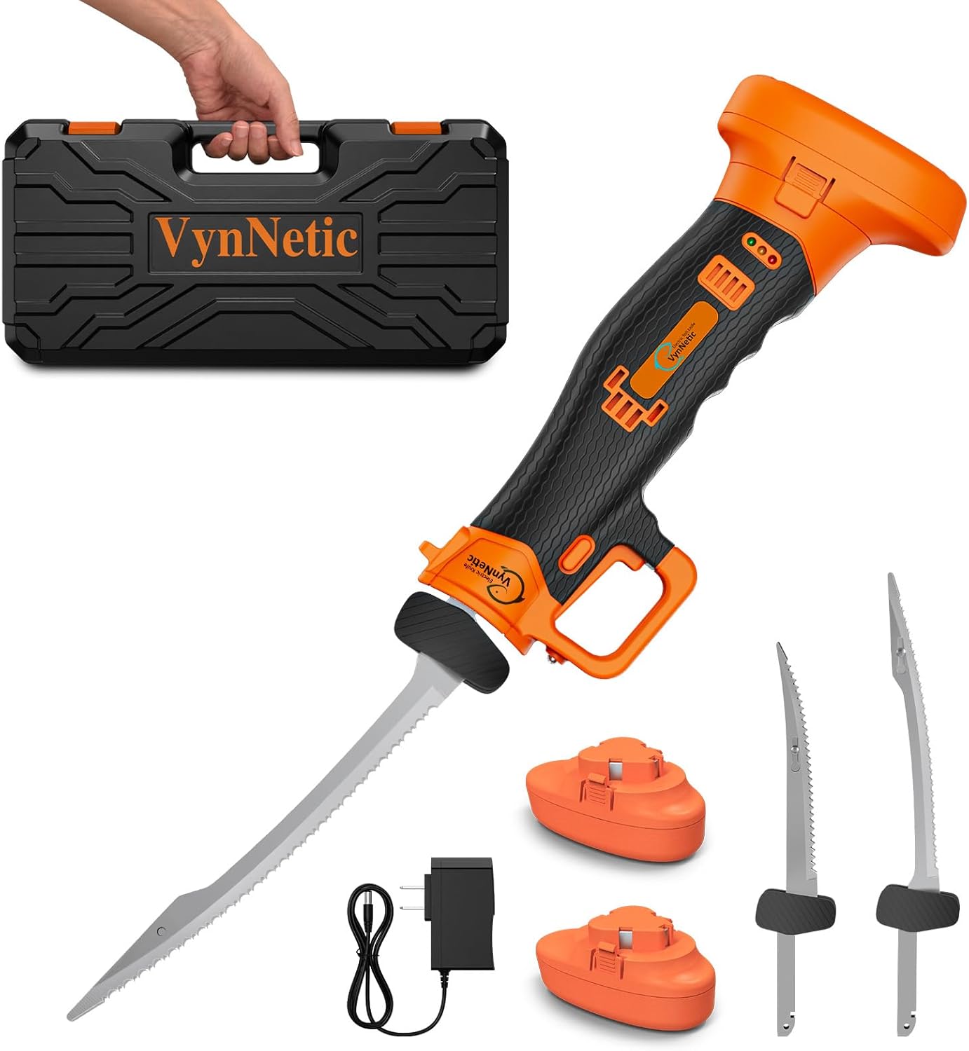 Electric Fillet Knife for Fish - Rechargeable Cordless Electric Knife With Non-Slip Grip Handle & 4 Ti-Nitride S.S. Coated Non-Stick Blades, 2 Batteriess Charger and Case For Fishing