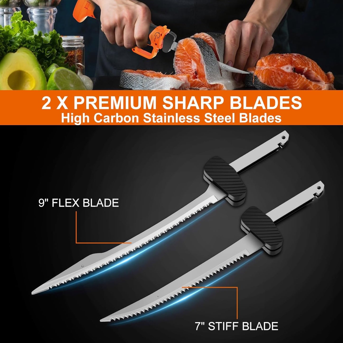 Electric Fillet Knife for Fish - Rechargeable Cordless Electric Knife With Non-Slip Grip Handle & 4 Ti-Nitride S.S. Coated Non-Stick Blades, 2 Batteriess Charger and Case For Fishing