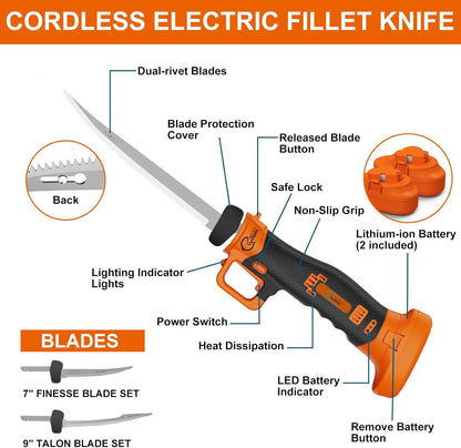 Electric Fillet Knife for Fish - Rechargeable Cordless Electric Knife With Non-Slip Grip Handle & 4 Ti-Nitride S.S. Coated Non-Stick Blades, 2 Batteriess Charger and Case For Fishing