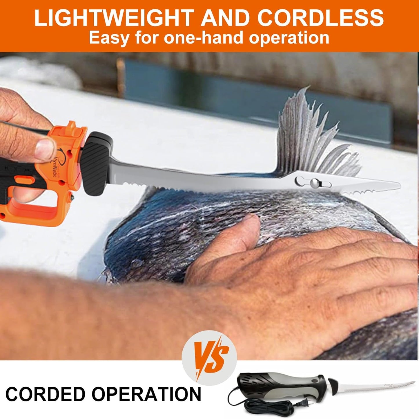 Electric Fillet Knife for Fish - Rechargeable Cordless Electric Knife With Non-Slip Grip Handle & 4 Ti-Nitride S.S. Coated Non-Stick Blades, 2 Batteriess Charger and Case For Fishing