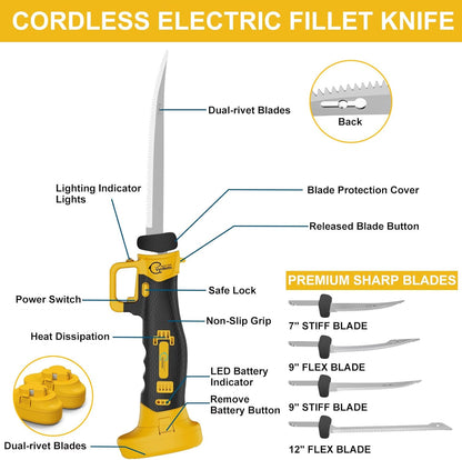 Electric Fillet Knife for Fish - Rechargeable Cordless Electric Knife With Non-Slip Grip Handle & 4 Ti-Nitride S.S. Coated Non-Stick Blades, 2 Batteriess Charger and Case For Fishing