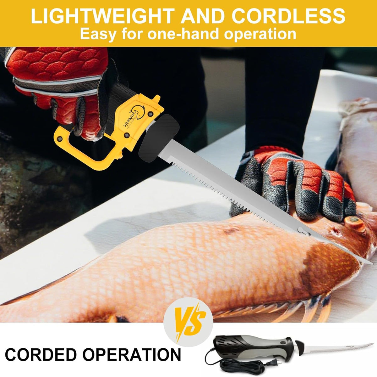 Electric Fillet Knife for Fish - Rechargeable Cordless Electric Knife With Non-Slip Grip Handle & 4 Ti-Nitride S.S. Coated Non-Stick Blades, 2 Batteriess Charger and Case For Fishing