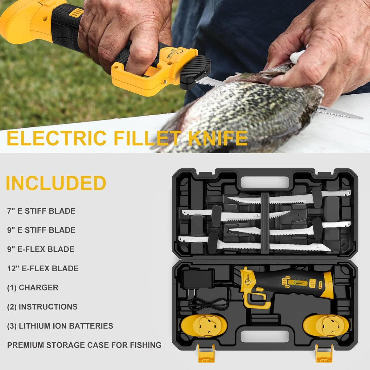 Electric Fillet Knife for Fish - Rechargeable Cordless Electric Knife With Non-Slip Grip Handle & 4 Ti-Nitride S.S. Coated Non-Stick Blades, 2 Batteriess Charger and Case For Fishing