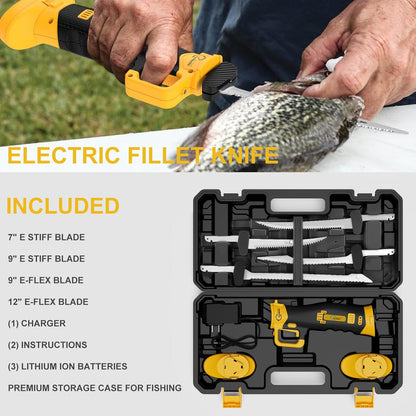 Electric Fillet Knife for Fish - Rechargeable Cordless Electric Knife With Non-Slip Grip Handle & 4 Ti-Nitride S.S. Coated Non-Stick Blades, 2 Batteriess Charger and Case For Fishing