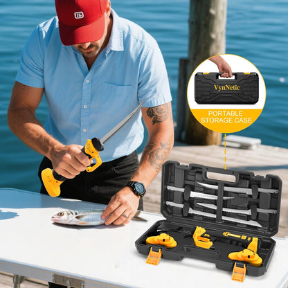 Electric Fillet Knife for Fish - Rechargeable Cordless Electric Knife With Non-Slip Grip Handle & 4 Ti-Nitride S.S. Coated Non-Stick Blades, 2 Batteriess Charger and Case For Fishing