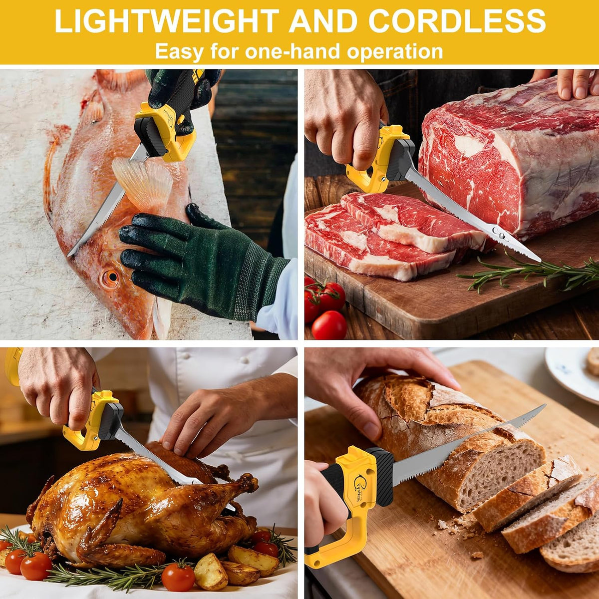 Electric Fillet Knife for Fish - Rechargeable Cordless Electric Knife With Non-Slip Grip Handle & 4 Ti-Nitride S.S. Coated Non-Stick Blades, 2 Batteriess Charger and Case For Fishing