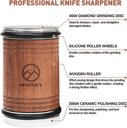 Rolling Knife Sharpener Kit, Professional Roller Sharpening System Tool with Diamond & Ceramic Discs, Magnetic Angle Offers 15 & 20 Degrees Sharpening, for Kitchen Chef Knives