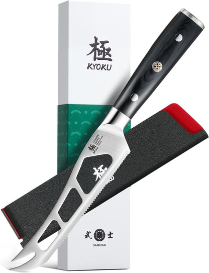 5" Serrated Cheese Knife - German Steel Cheese Slicer with Sheath | German 1.4116 Stainless Steel Full Tang Hollow Blade, Pakkawood Handle, Hard Soft Cheese Slicing Knife With Gift Box