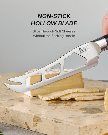 5" Serrated Cheese Knife - German Steel Cheese Slicer with Sheath | German 1.4116 Stainless Steel Full Tang Hollow Blade, Pakkawood Handle, Hard Soft Cheese Slicing Knife With Gift Box