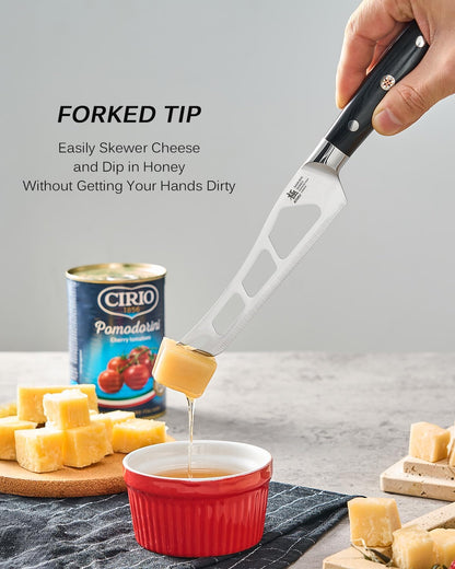 5" Serrated Cheese Knife - German Steel Cheese Slicer with Sheath | German 1.4116 Stainless Steel Full Tang Hollow Blade, Pakkawood Handle, Hard Soft Cheese Slicing Knife With Gift Box