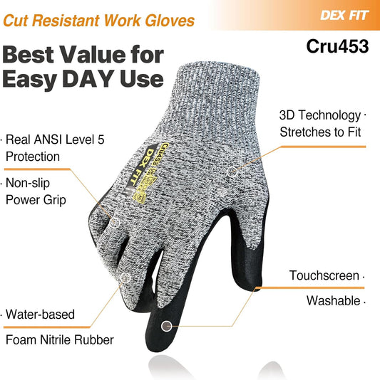 Cut Resistant Gloves Cru453 - ANSI A5, 3D Comfort Fit, Power Grip, Thin & Breathable, Touchscreen - Mechanic, Warehouse, Package Handler Gloves for Men & Women; Gray, S (7), 1 Pair