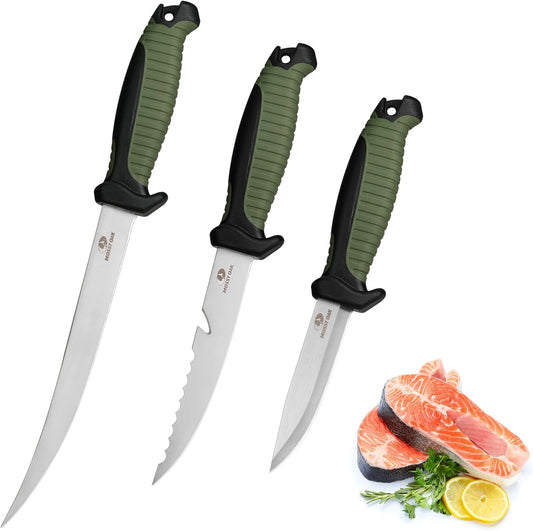 3PC Fillet Knife Set, Stainless Steel, Military Green | G4116 German Steel Blades, Non-Slip Ergonomic Handle, Protective Sheaths, Drainage Design, Fishing & Outdoor Ready