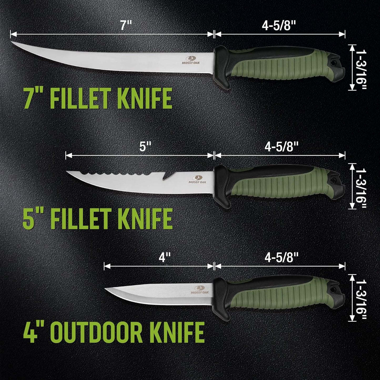 3PC Fillet Knife Set, Stainless Steel, Military Green | G4116 German Steel Blades, Non-Slip Ergonomic Handle, Protective Sheaths, Drainage Design, Fishing & Outdoor Ready
