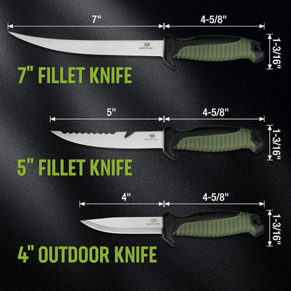 3PC Fillet Knife Set, Stainless Steel, Military Green | G4116 German Steel Blades, Non-Slip Ergonomic Handle, Protective Sheaths, Drainage Design, Fishing & Outdoor Ready
